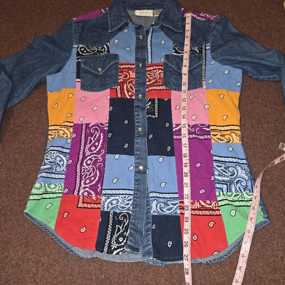 Vintage Lemon Grass Denim Patchwork Shirt Bandana-style Top Large Excellent Cond - Picture 4 of 6